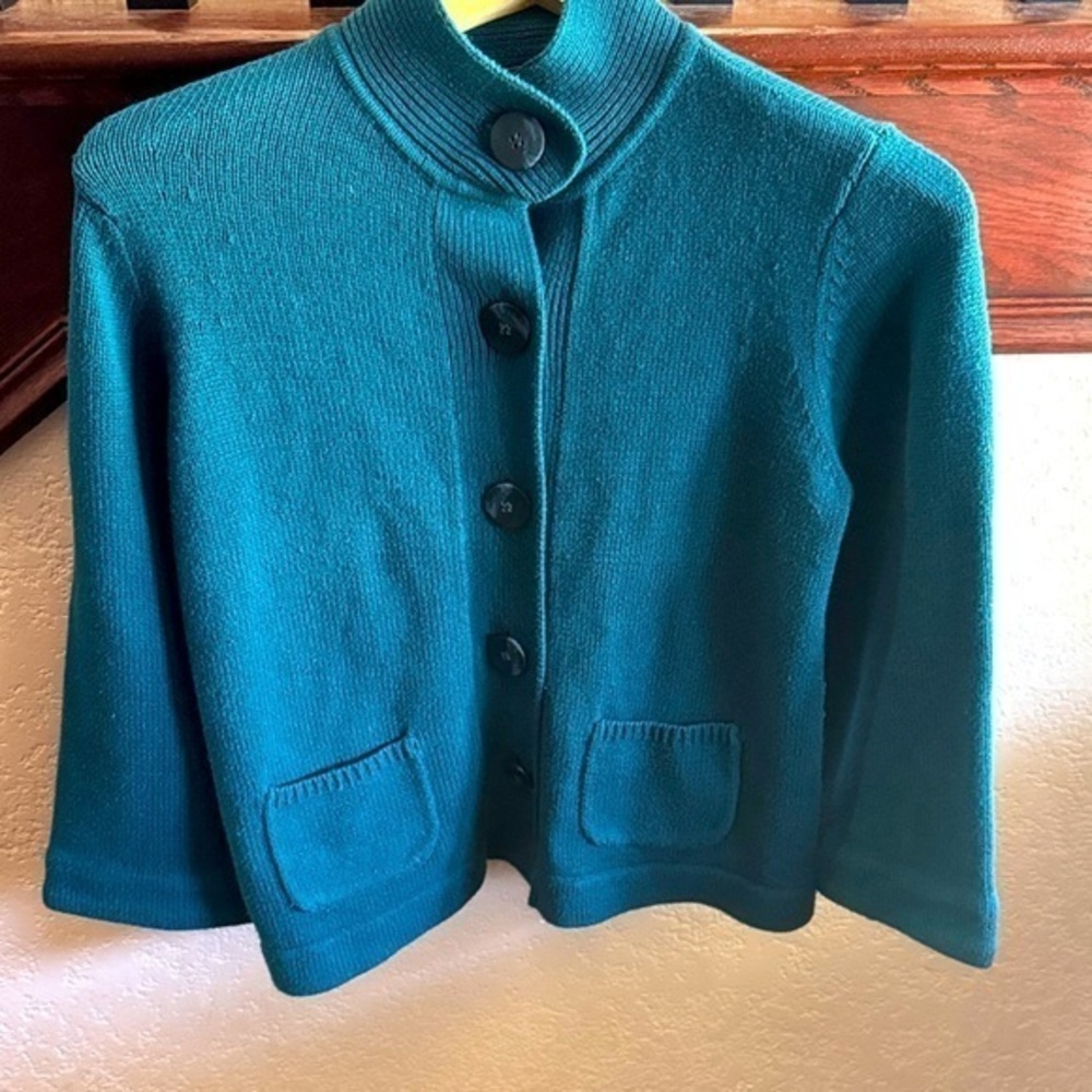 J. Jill Womens Size Small Knit Cardigan Teal Blue Button Up Sweater with Pockets